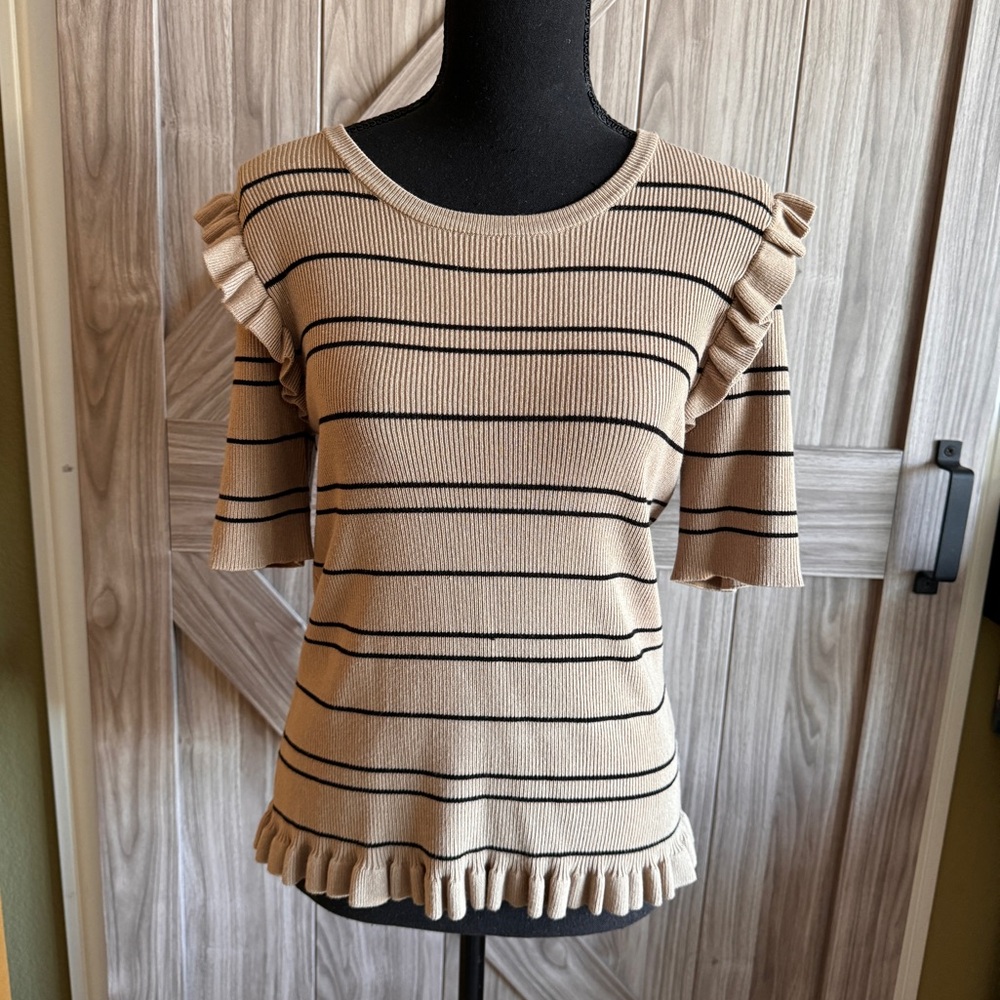 Laundry tan and black striped ruffled detailed sweater